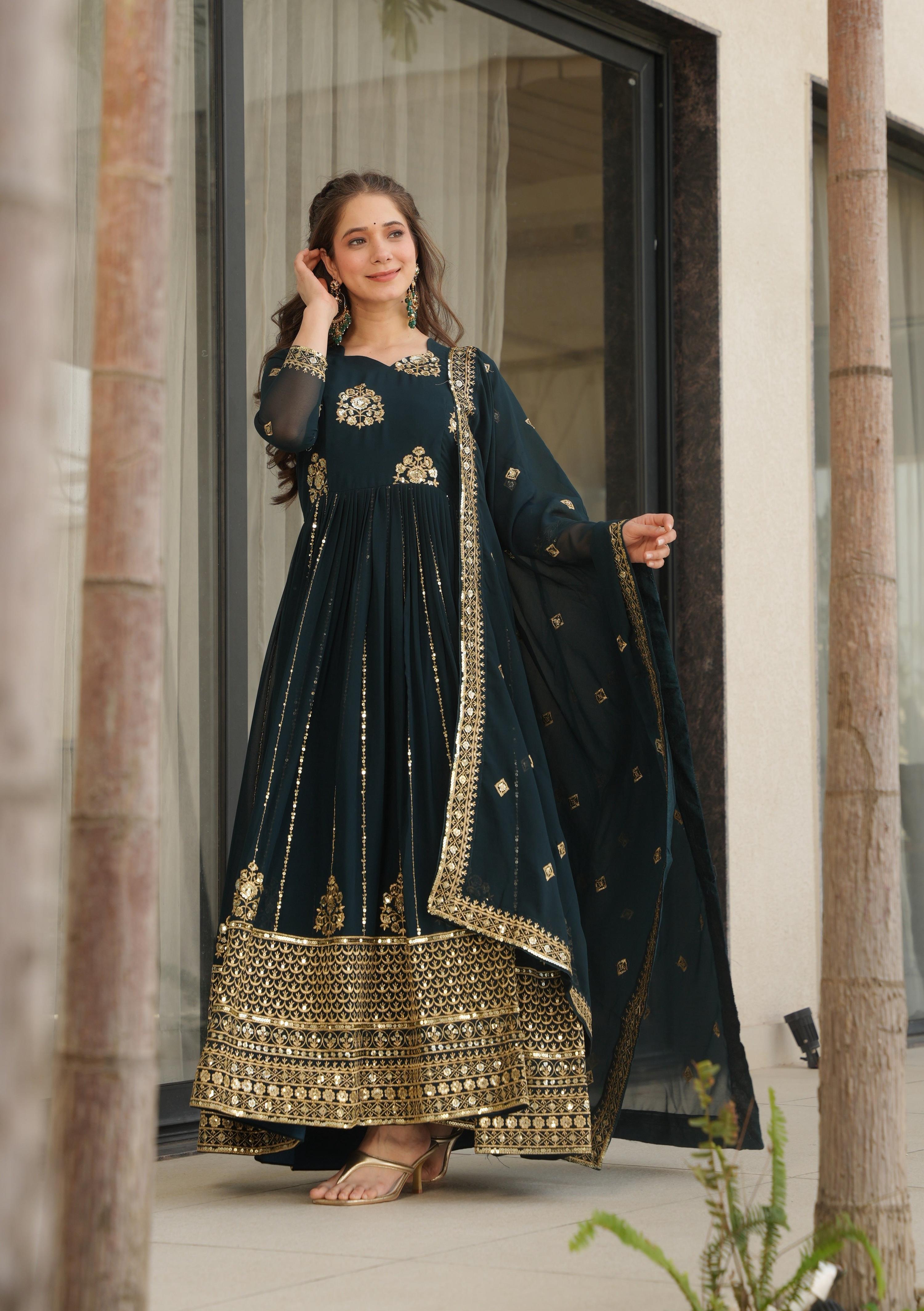 Vedant Vastram Georgette Embroidery & Sequence Work Stitched Ethnic Gown-Rama - Distacart