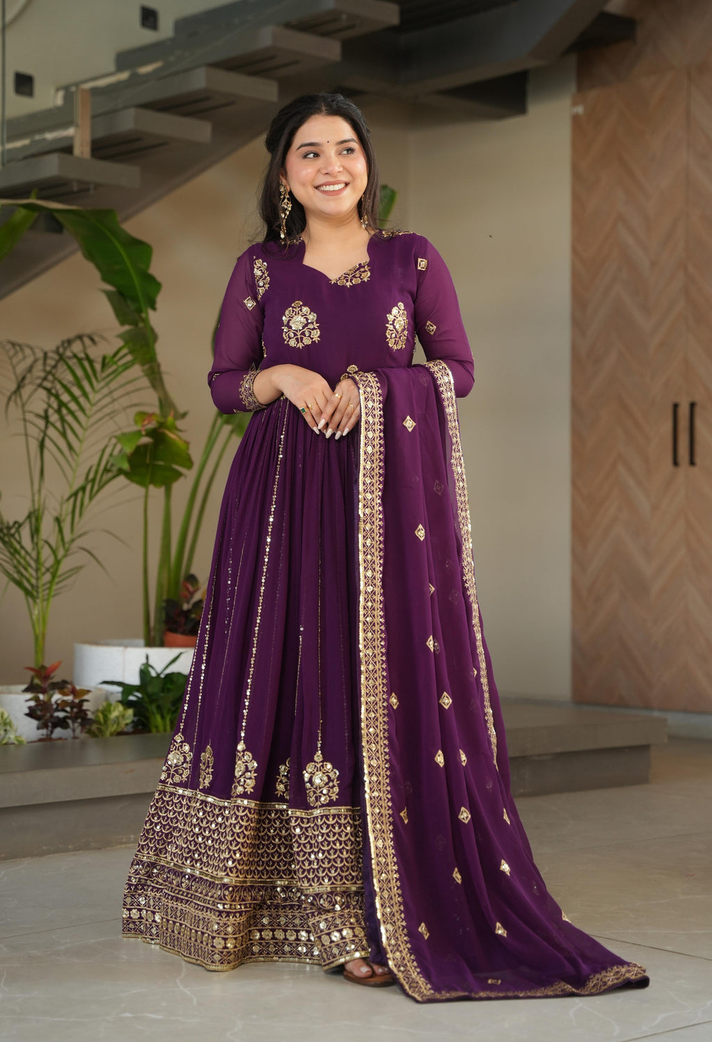 Vedant Vastram Georgette Embroidery & Sequence Work Stitched Ethnic Gown-Wine - Distacart