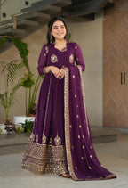 Vedant Vastram Georgette Embroidery & Sequence Work Stitched Ethnic Gown-Wine - Distacart