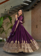 Vedant Vastram Georgette Embroidery & Sequence Work Stitched Ethnic Gown-Wine - Distacart