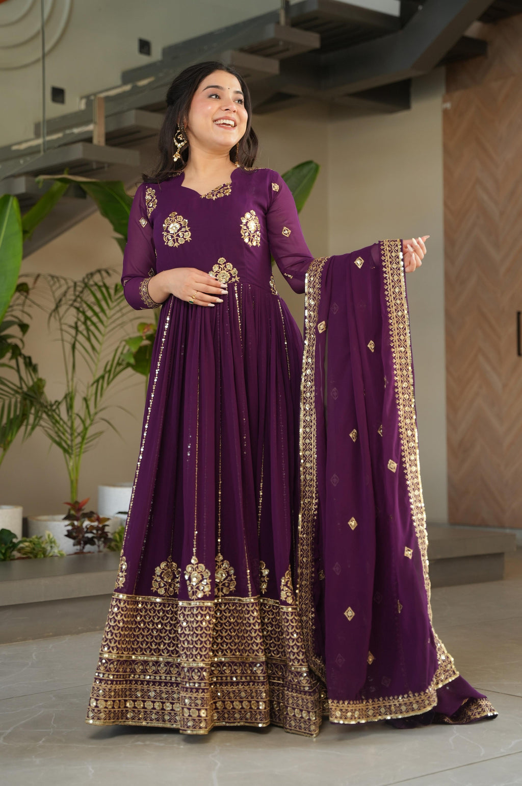 Vedant Vastram Georgette Embroidery & Sequence Work Stitched Ethnic Gown-Wine - Distacart