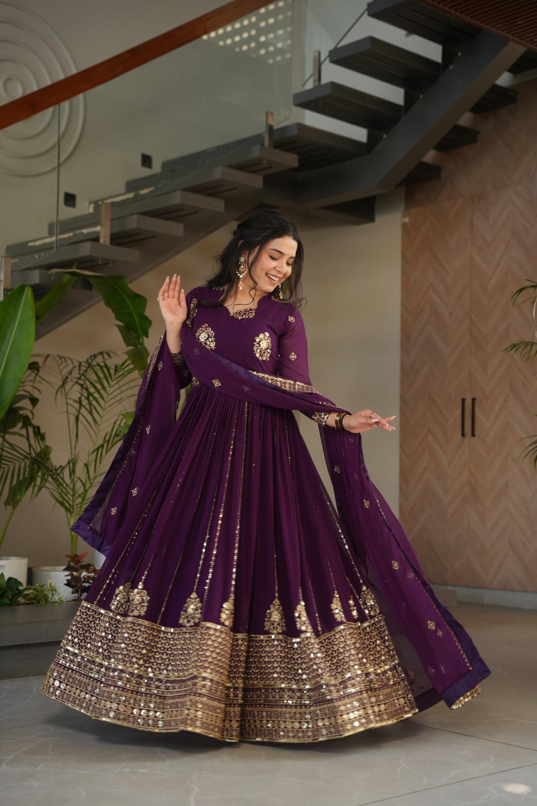 Prazu Fashion Purple Georgette Rich Zari & Sequins Embroidered Gown - Distacart