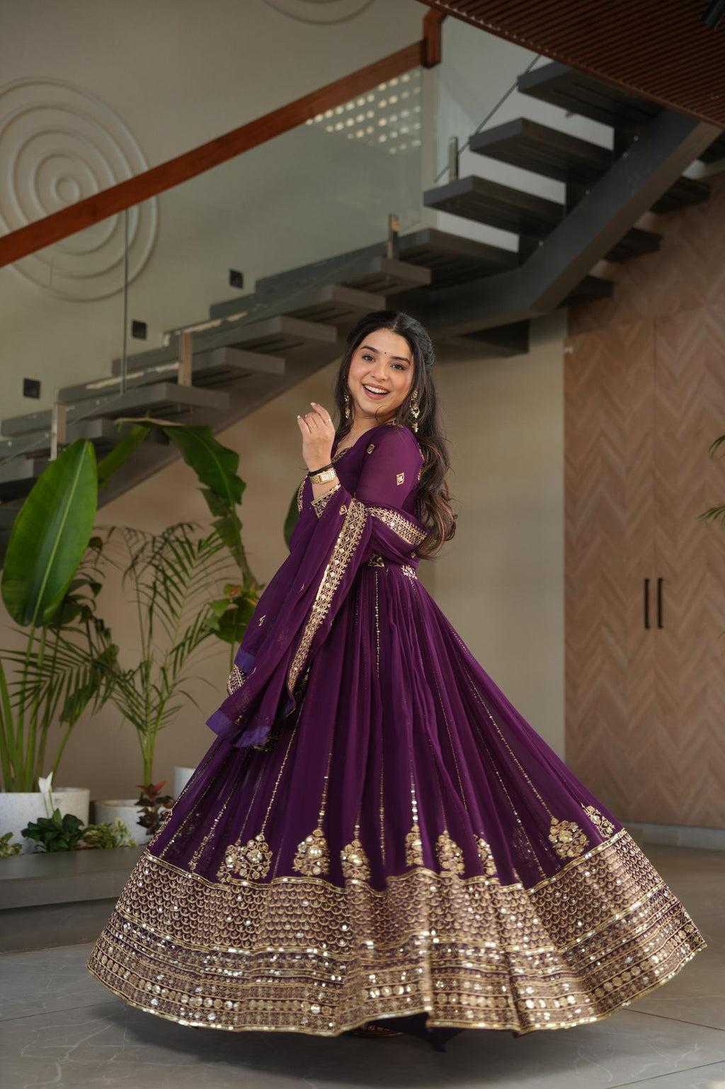 Prazu Fashion Purple Georgette Rich Zari & Sequins Embroidered Gown - Distacart