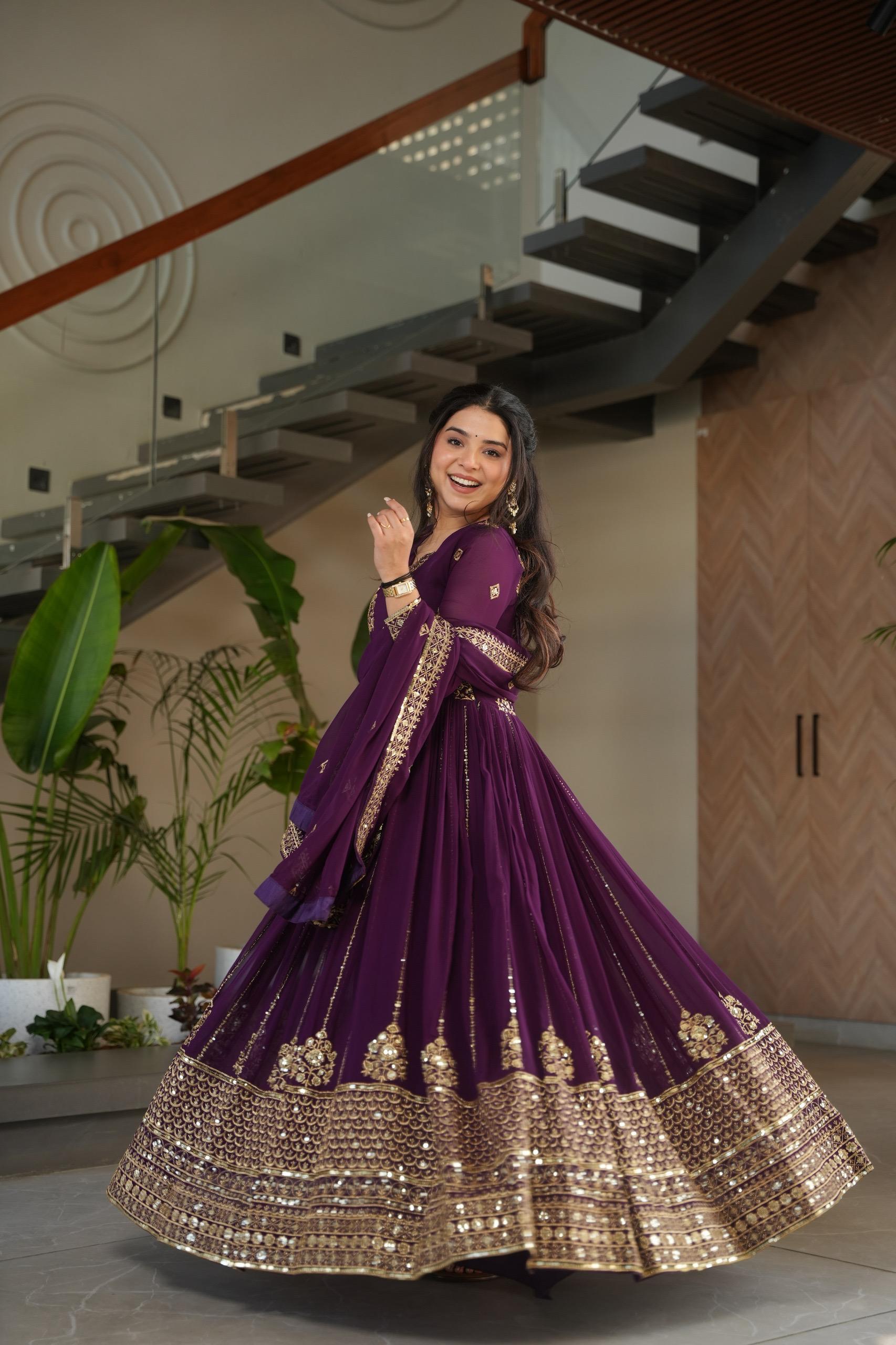 Prazu Fashion Purple Georgette Rich Zari & Sequins Embroidered Gown - Distacart