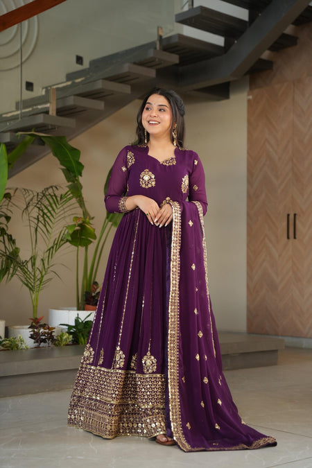 Prazu Fashion Purple Georgette Rich Zari & Sequins Embroidered Gown