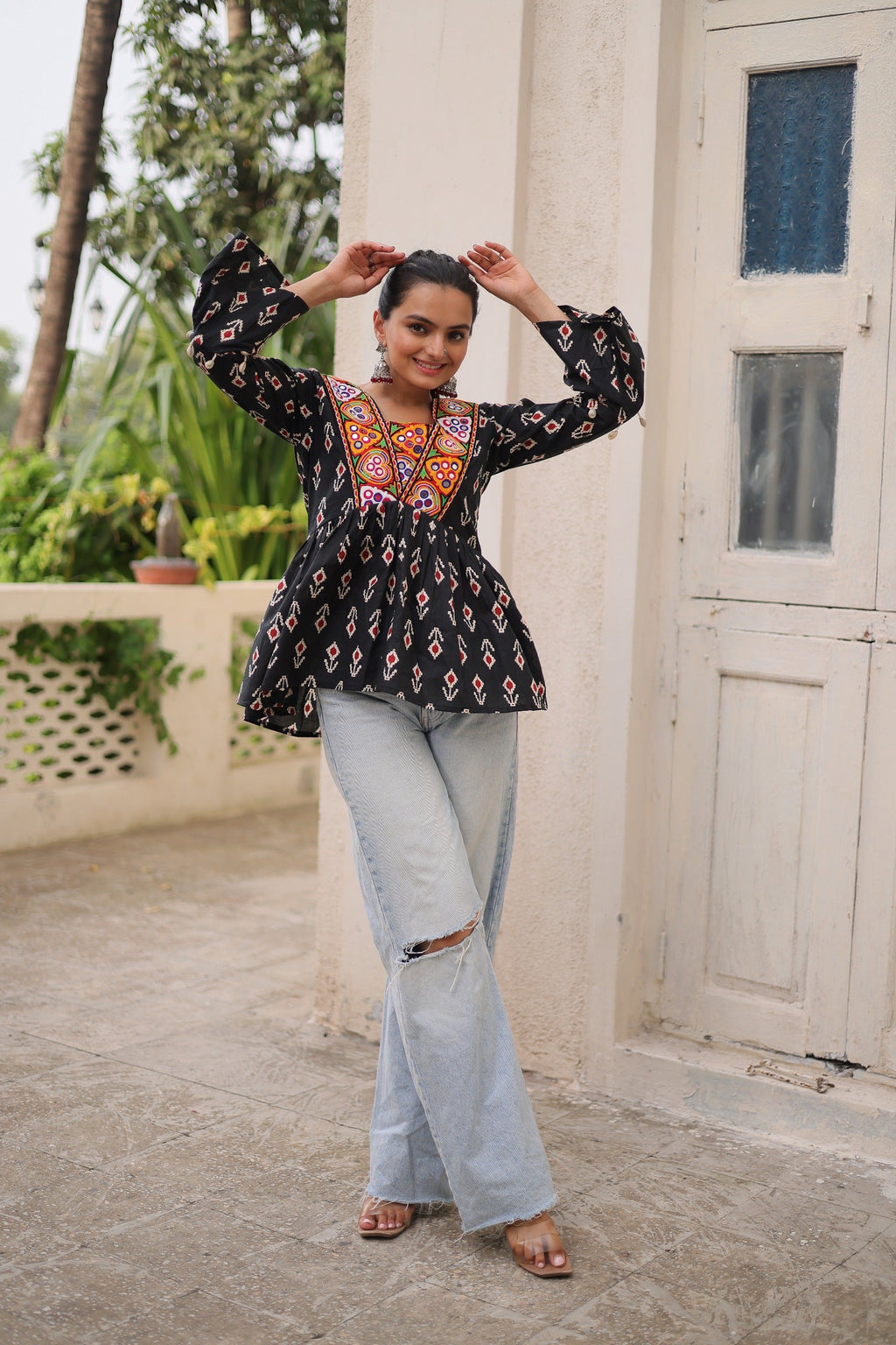 Prazu Fashion Black Cotton Print With Kutchi Patchwork Top For Navratri