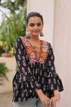 Prazu Fashion Black Cotton Print With Kutchi Patchwork Top For Navratri