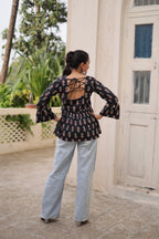 Prazu Fashion Black Cotton Print With Kutchi Patchwork Top For Navratri