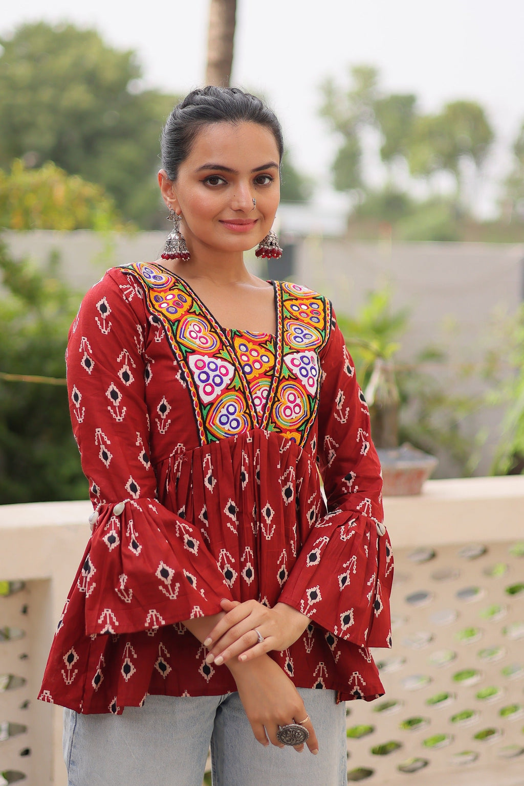 Prazu Fashion Maroon Cotton Print With Kutchi Patchwork Top For Navratri