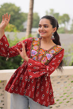 Prazu Fashion Maroon Cotton Print With Kutchi Patchwork Top For Navratri