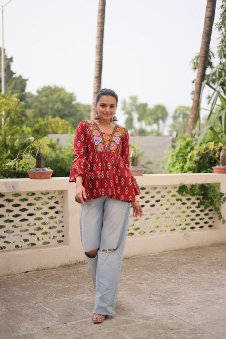 Prazu Fashion Maroon Cotton Print With Kutchi Patchwork Top For Navratri