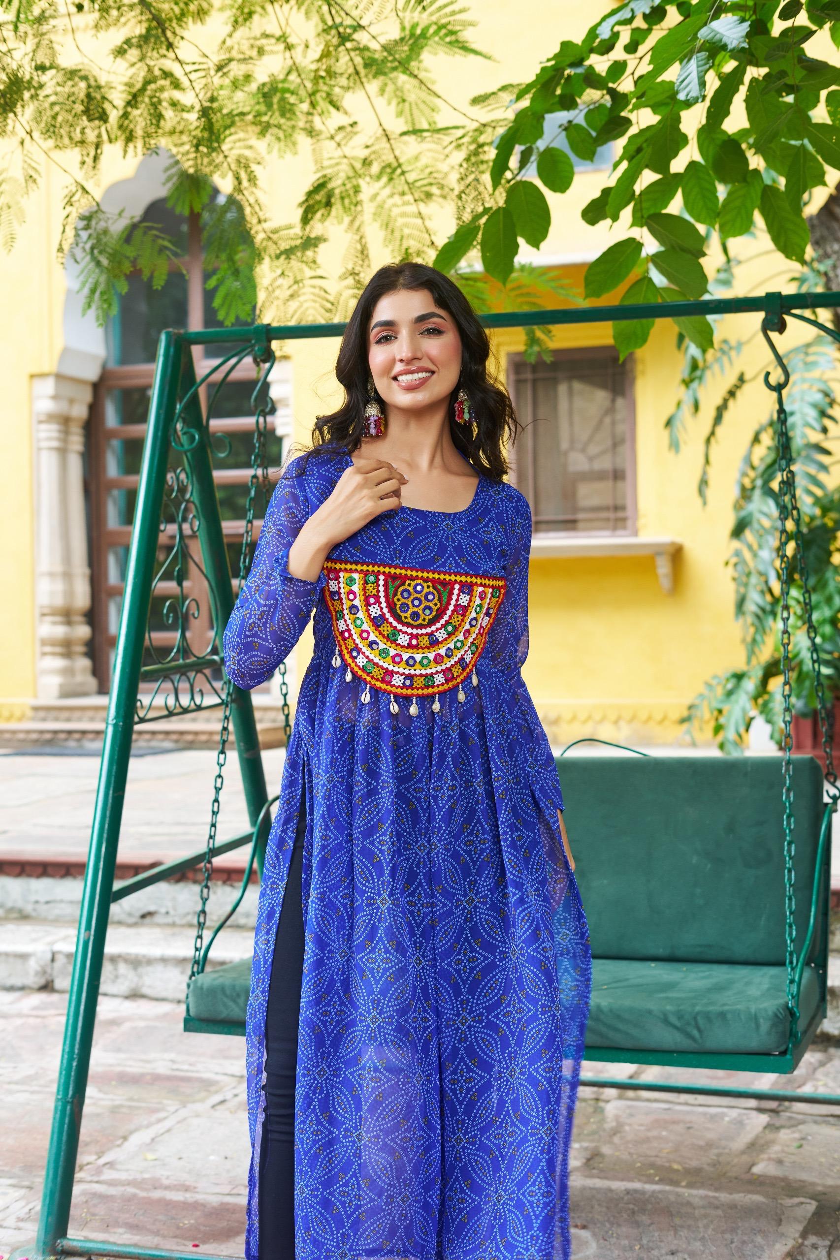 Prazu Fashion Blue Georgette Bandhej Print With Kutchi Patchwork Kurti For Navratri - Distacart