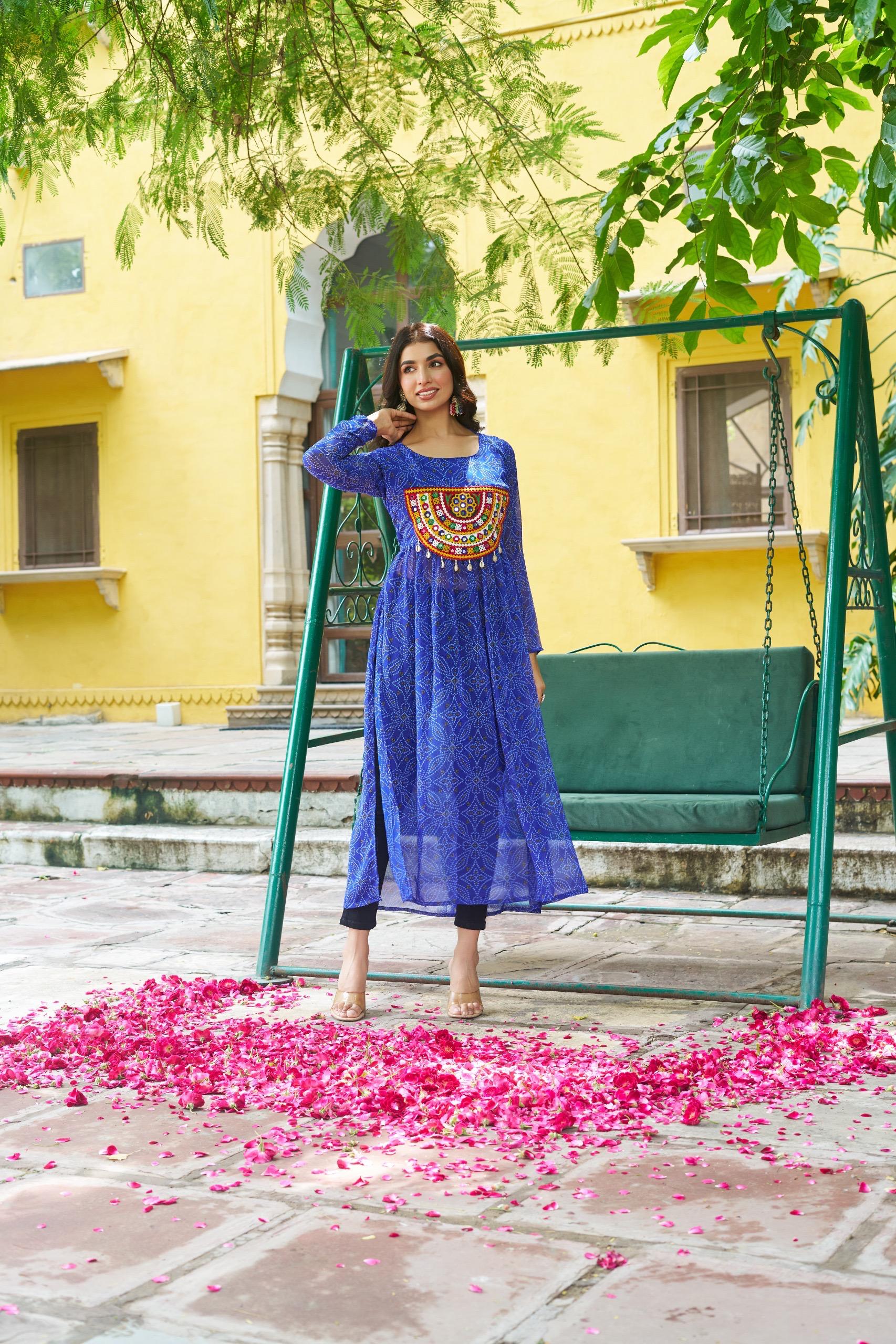 Prazu Fashion Blue Georgette Bandhej Print With Kutchi Patchwork Kurti For Navratri - Distacart