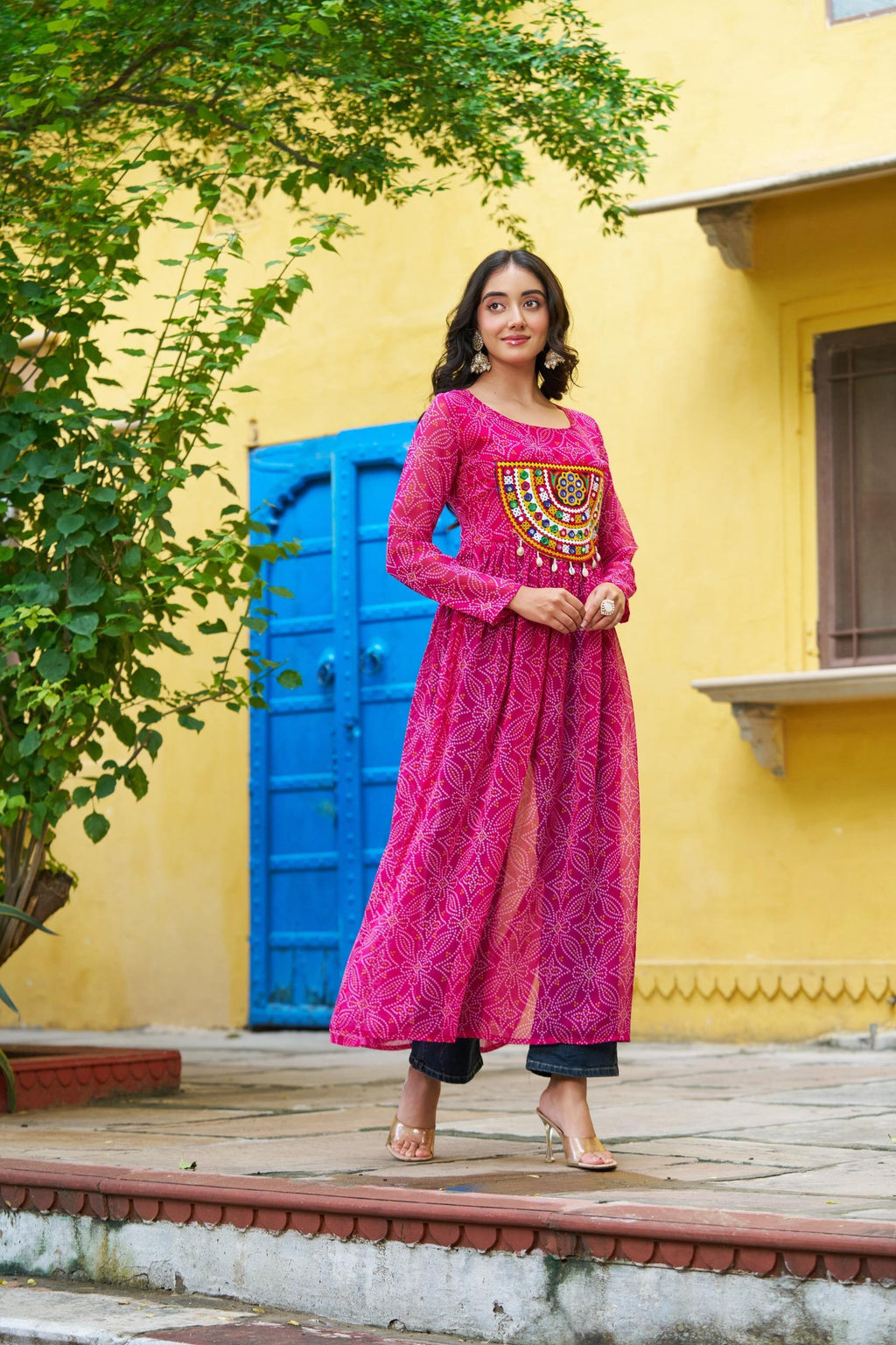 Prazu Fashion Pink Georgette Bandhej Print With Kutchi Patchwork Kurti For Navratri - Distacart