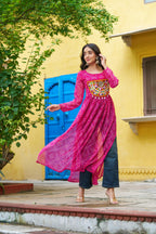 Prazu Fashion Pink Georgette Bandhej Print With Kutchi Patchwork Kurti For Navratri - Distacart