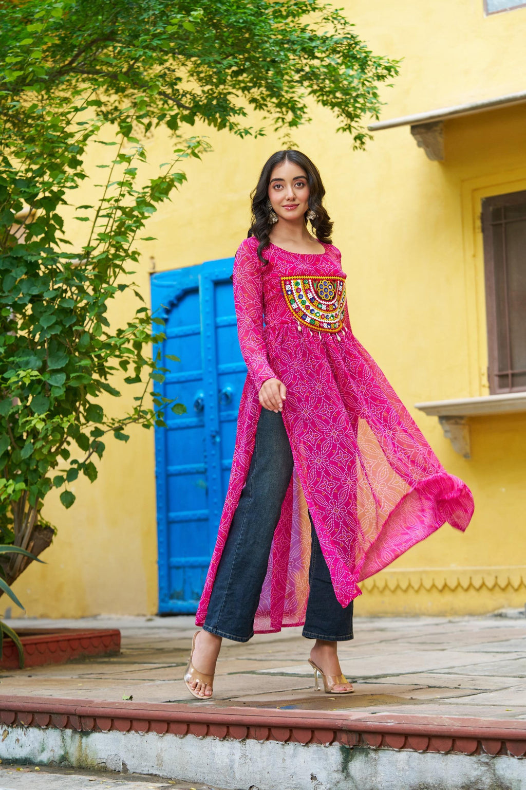 Prazu Fashion Pink Georgette Bandhej Print With Kutchi Patchwork Kurti For Navratri - Distacart