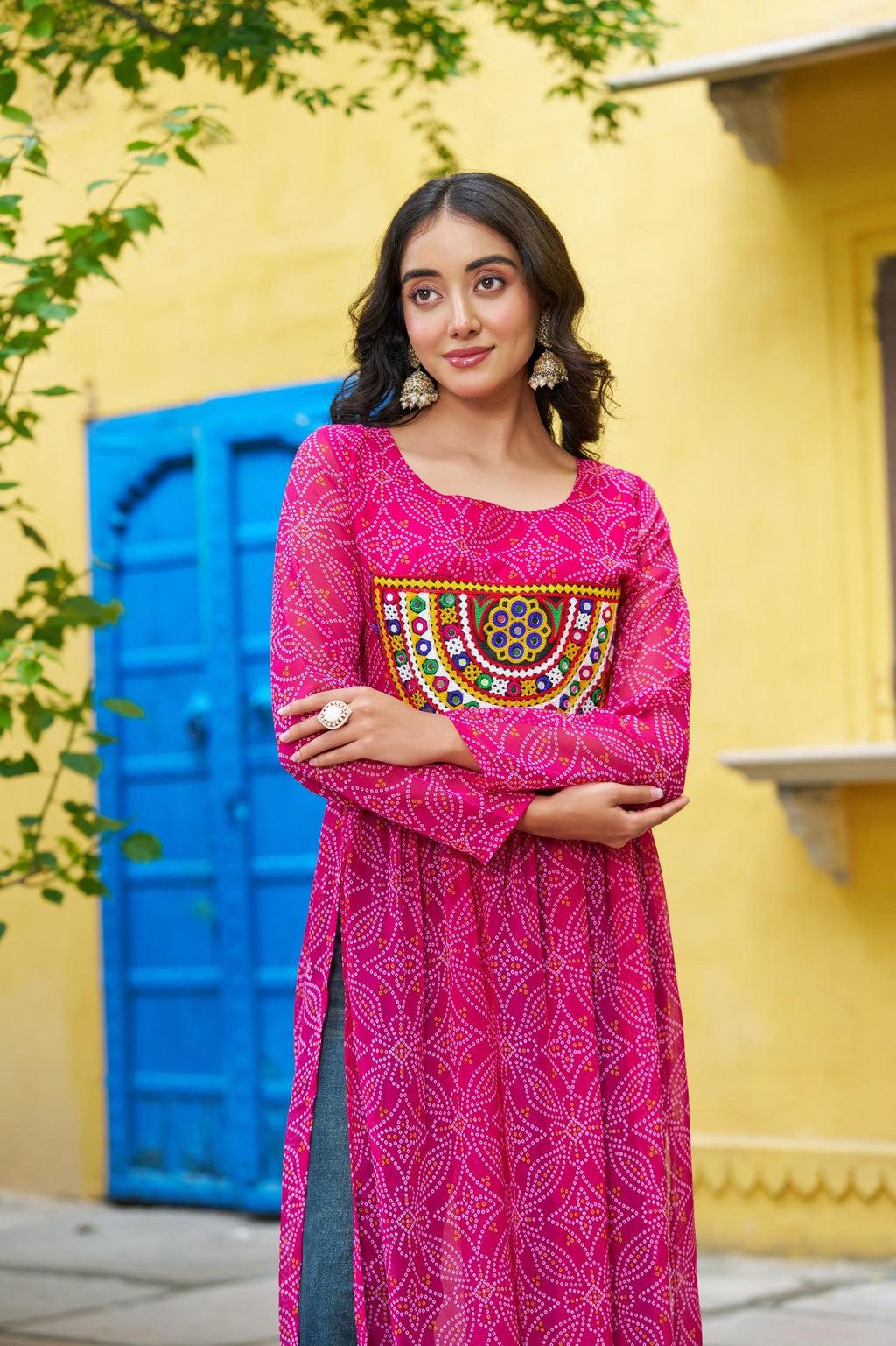 Prazu Fashion Pink Georgette Bandhej Print With Kutchi Patchwork Kurti For Navratri - Distacart