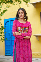 Prazu Fashion Pink Georgette Bandhej Print With Kutchi Patchwork Kurti For Navratri - Distacart