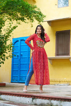 Prazu Fashion Red Georgette Bandhej Print With Kutchi Patchwork Kurti For Navratri - Distacart