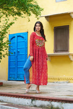 Prazu Fashion Red Georgette Bandhej Print With Kutchi Patchwork Kurti For Navratri - Distacart