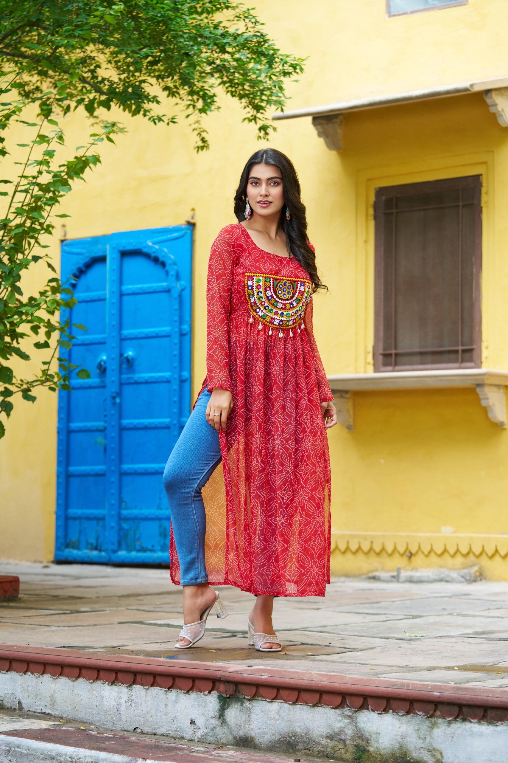 Prazu Fashion Red Georgette Bandhej Print With Kutchi Patchwork Kurti For Navratri - Distacart