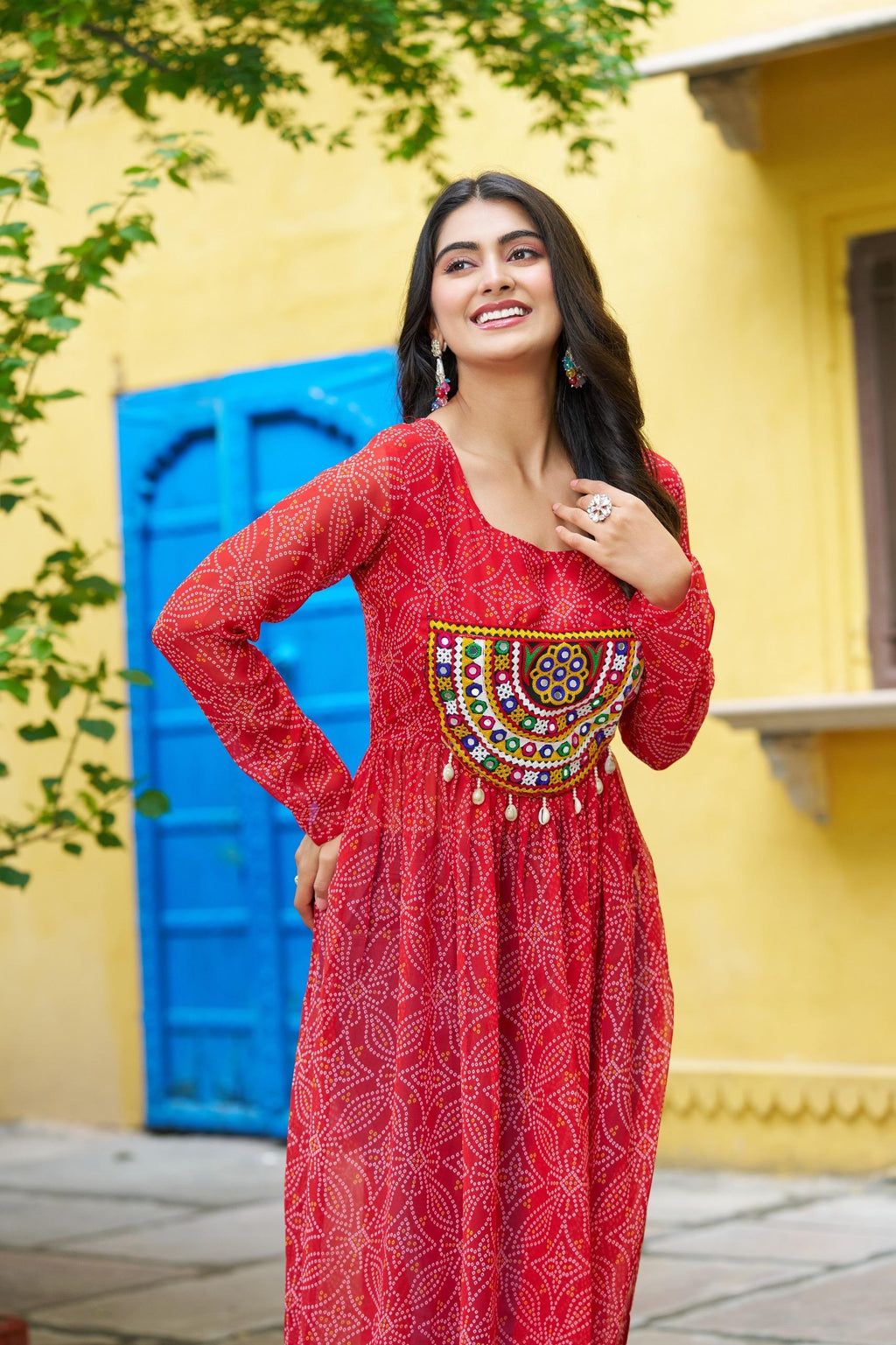 Prazu Fashion Red Georgette Bandhej Print With Kutchi Patchwork Kurti For Navratri - Distacart