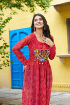 Prazu Fashion Red Georgette Bandhej Print With Kutchi Patchwork Kurti For Navratri - Distacart