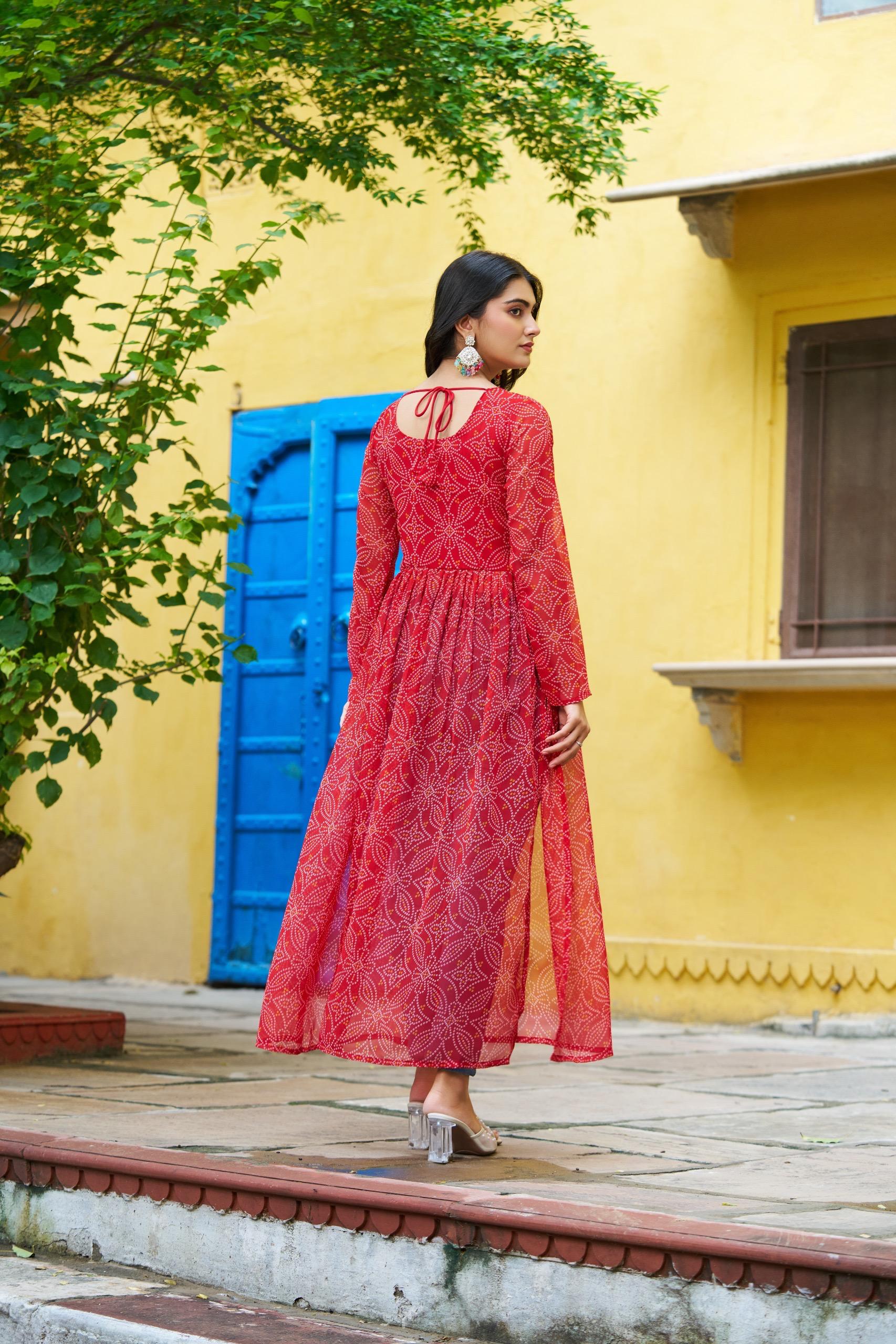 Prazu Fashion Red Georgette Bandhej Print With Kutchi Patchwork Kurti For Navratri - Distacart