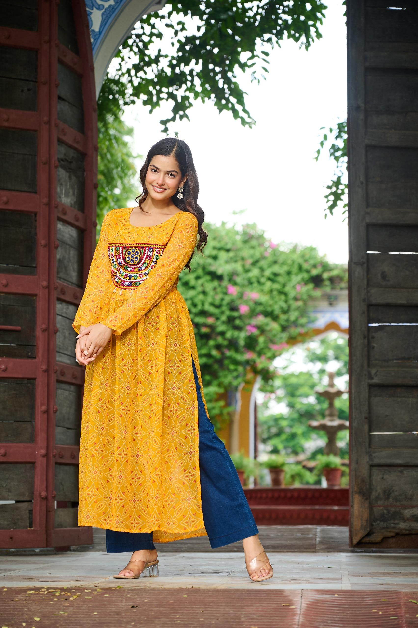 Prazu Fashion Yellow Georgette Bandhej Print With Kutchi Patchwork Kurti For Navratri - Distacart
