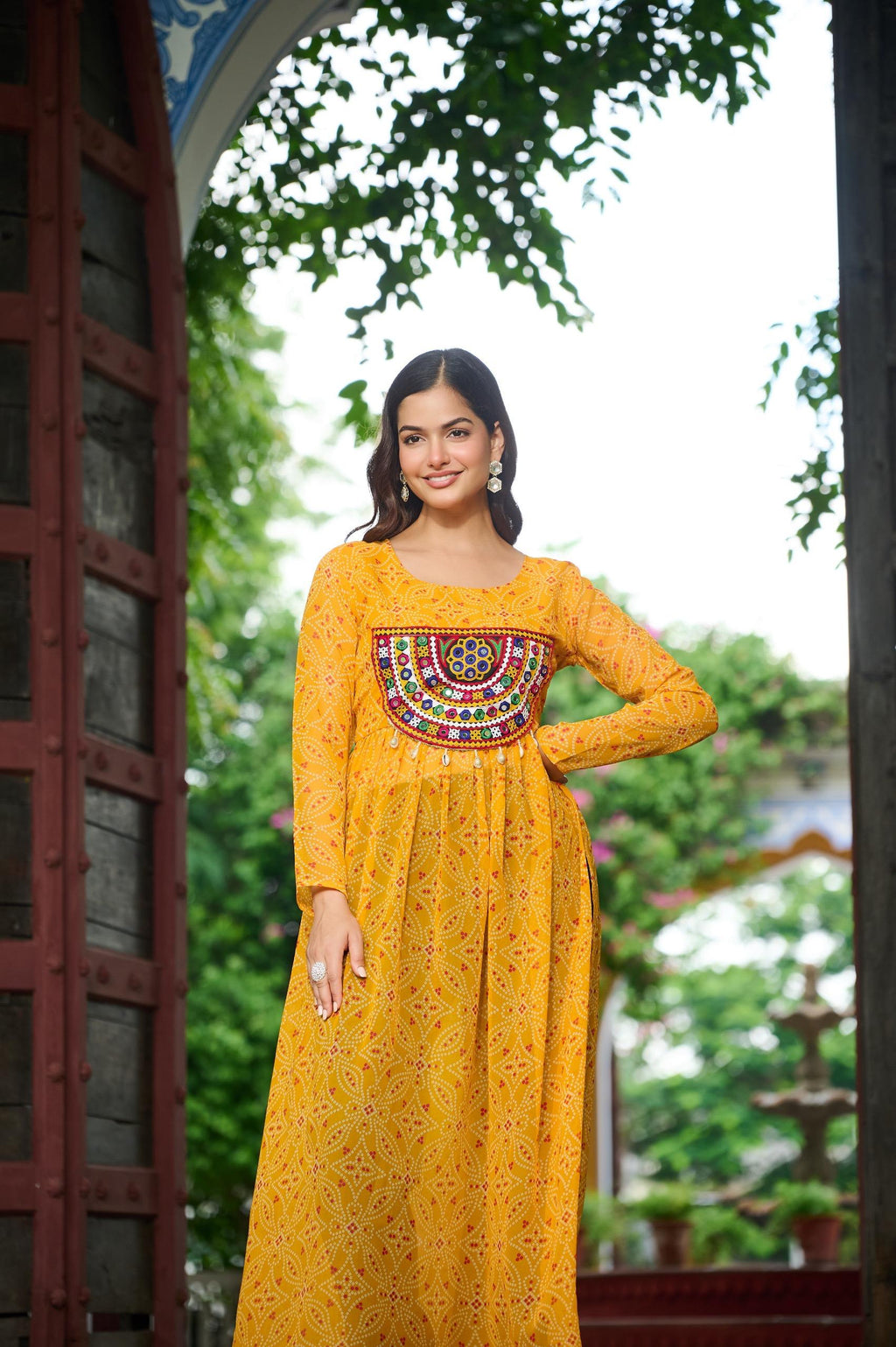 Prazu Fashion Yellow Georgette Bandhej Print With Kutchi Patchwork Kurti For Navratri - Distacart