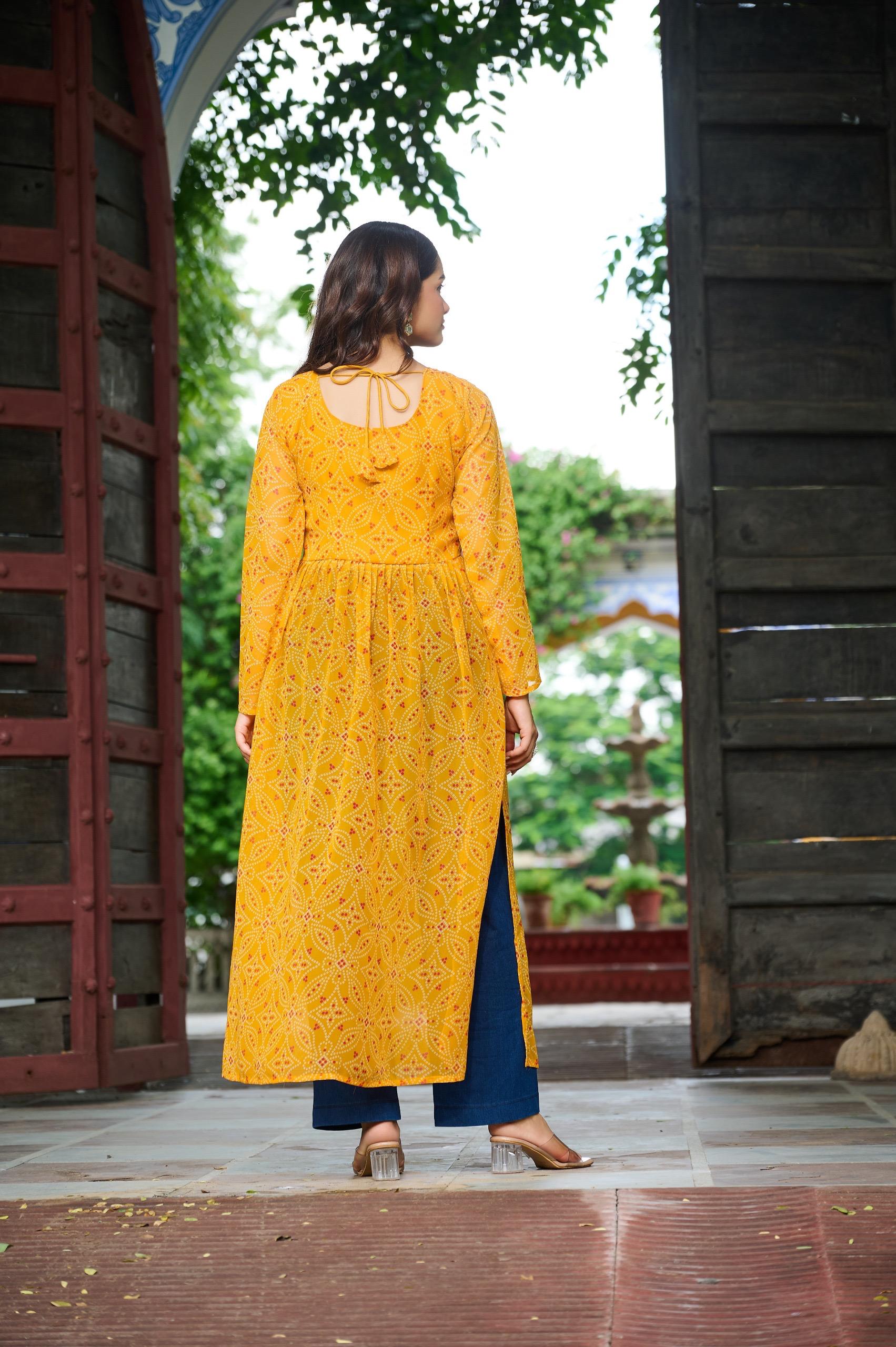 Prazu Fashion Yellow Georgette Bandhej Print With Kutchi Patchwork Kurti For Navratri - Distacart