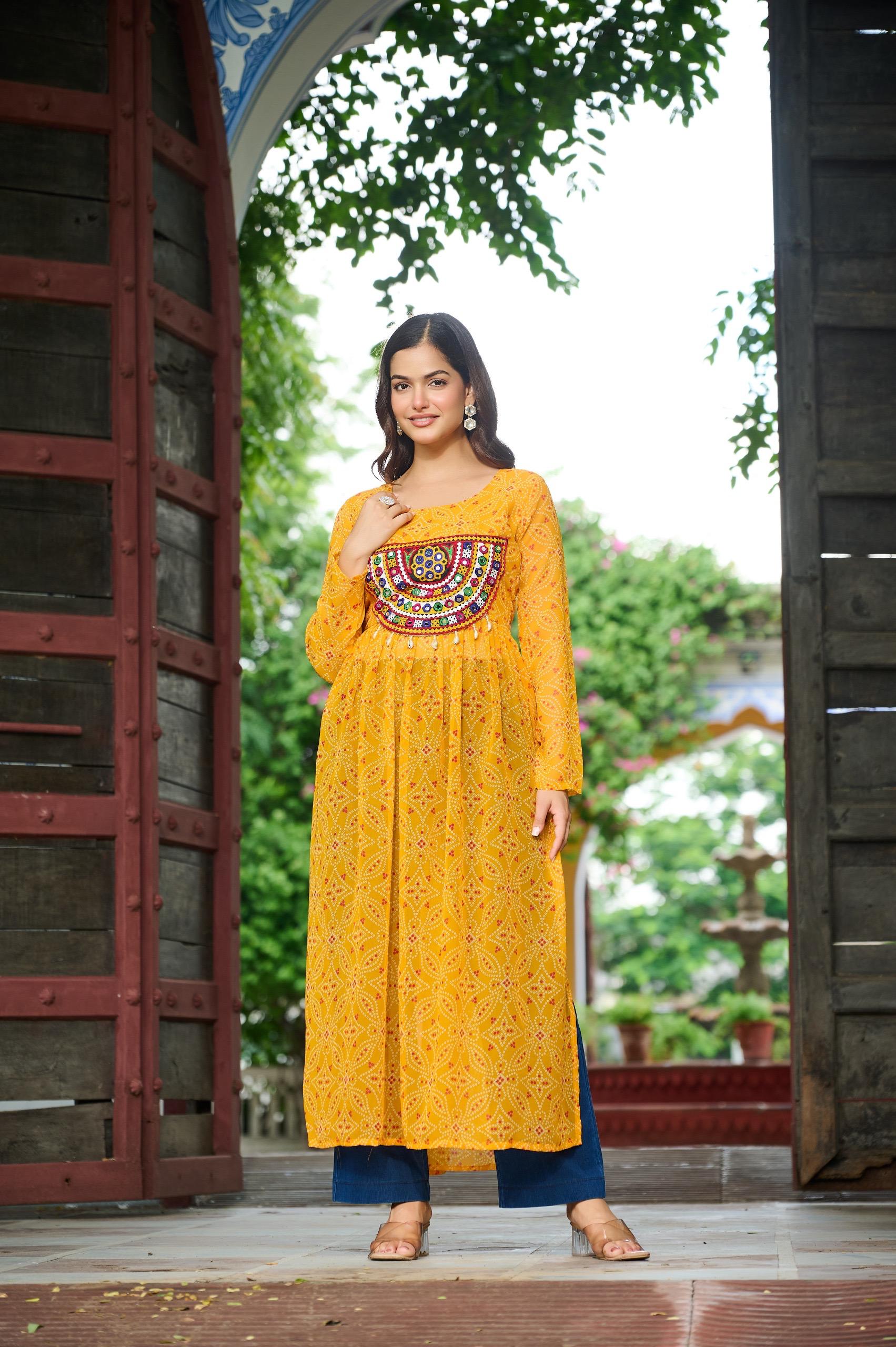 Prazu Fashion Yellow Georgette Bandhej Print With Kutchi Patchwork Kurti For Navratri - Distacart