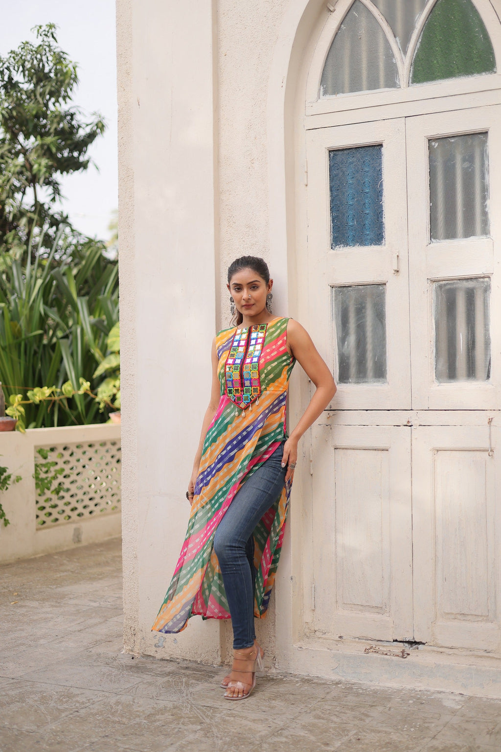 Prazu Fashion Multi Georgette Kutchi Gamthi Mirror Codi Work Kurti For Navratri - Distacart