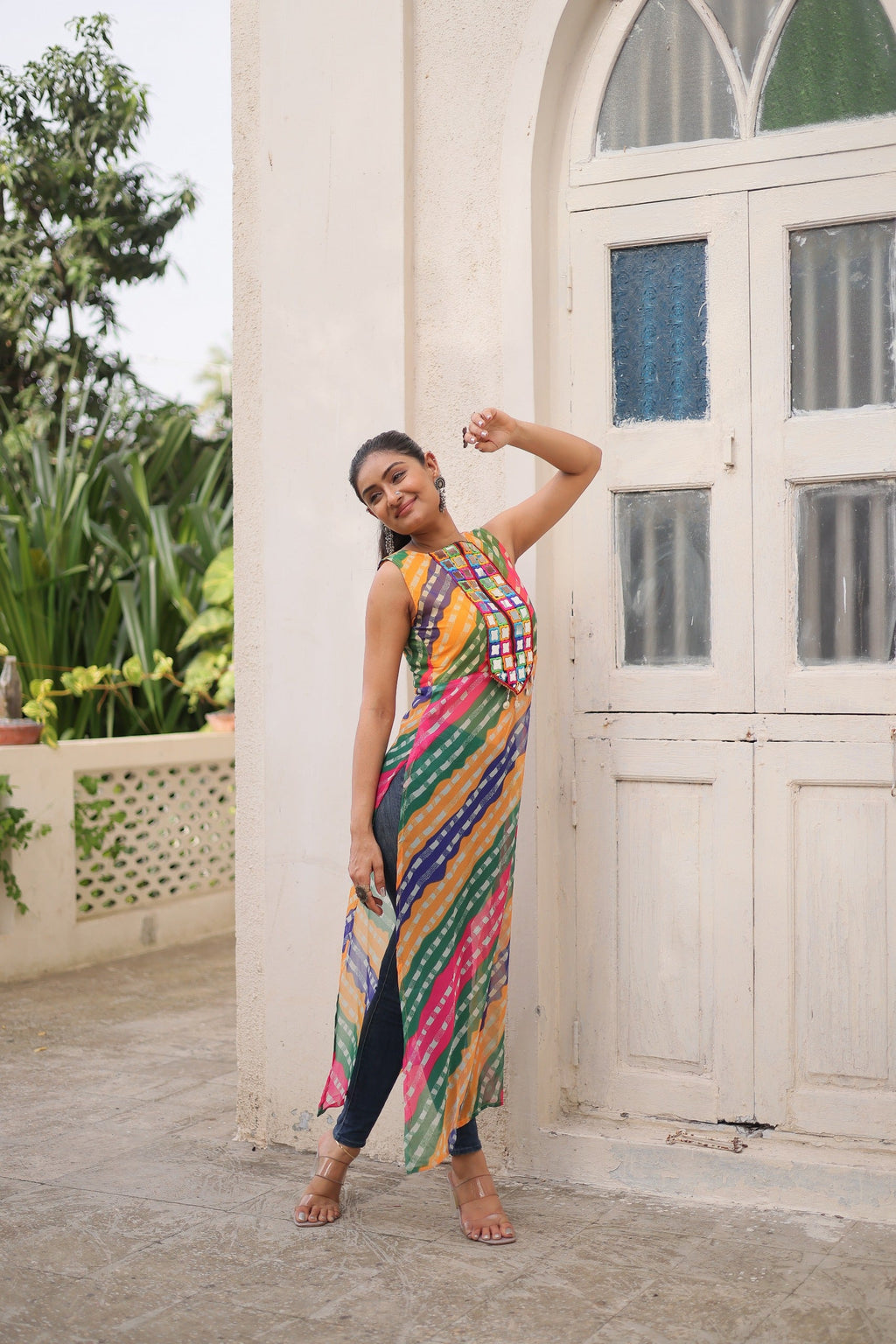 Prazu Fashion Multi Georgette Kutchi Gamthi Mirror Codi Work Kurti For Navratri - Distacart