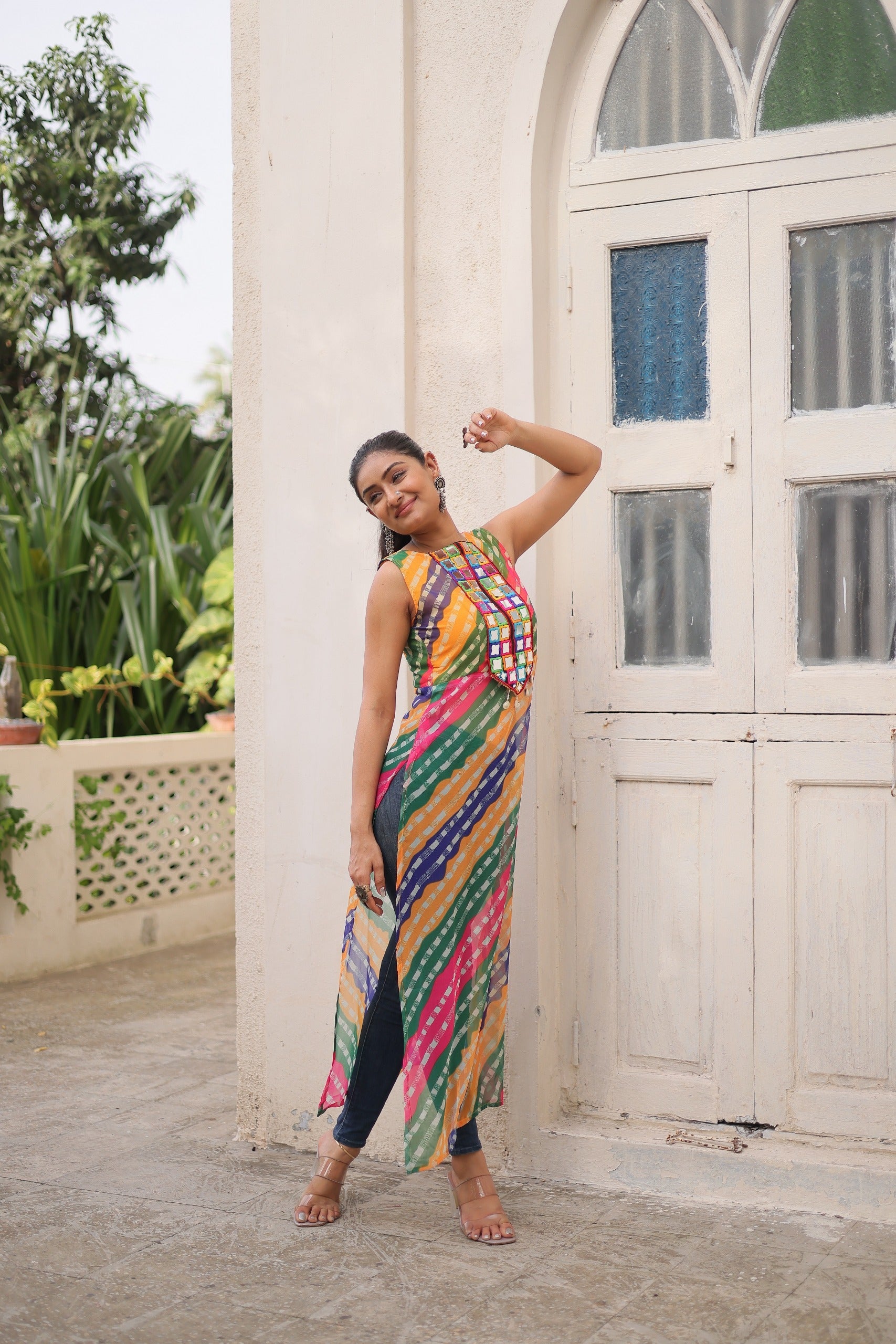 Prazu Fashion Multi Georgette Kutchi Gamthi Mirror Codi Work Kurti For Navratri - Distacart
