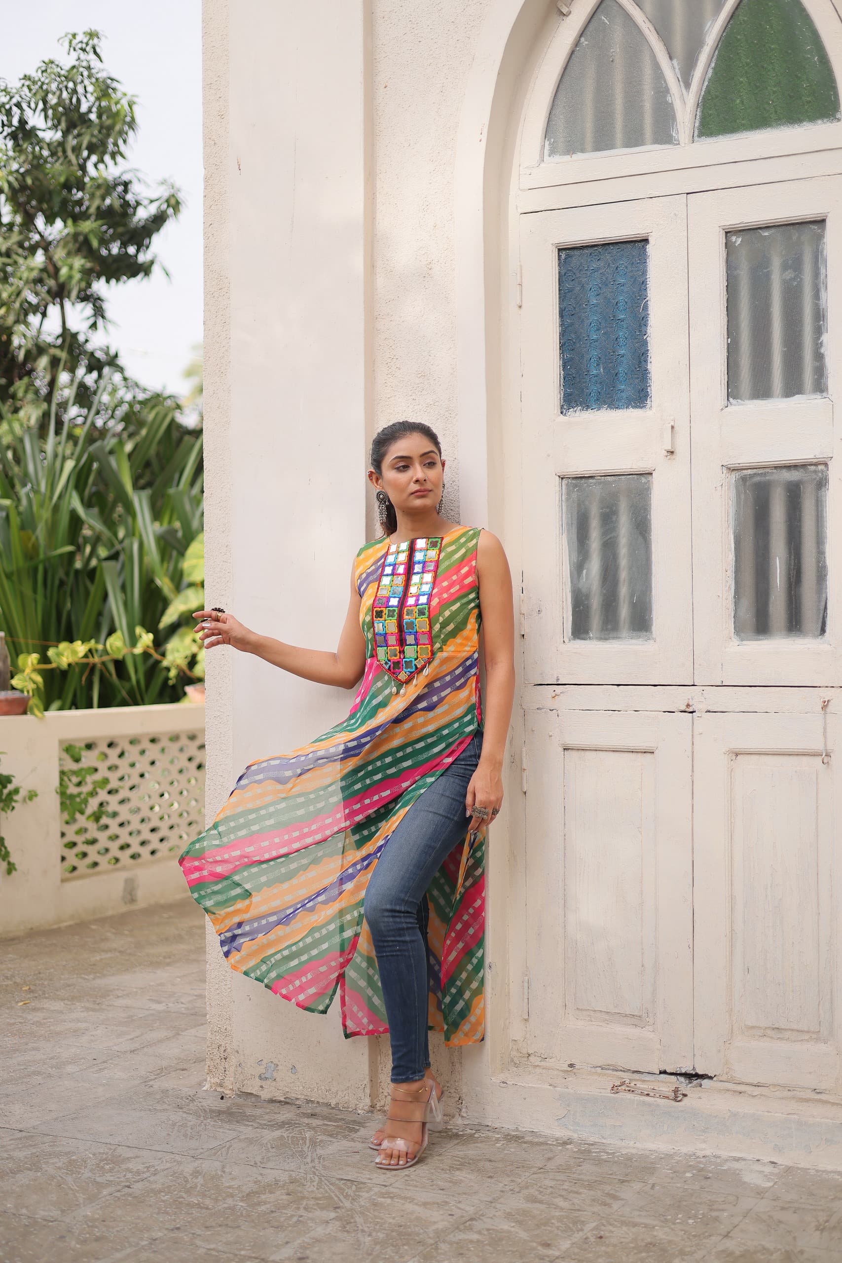 Prazu Fashion Multi Georgette Kutchi Gamthi Mirror Codi Work Kurti For Navratri - Distacart