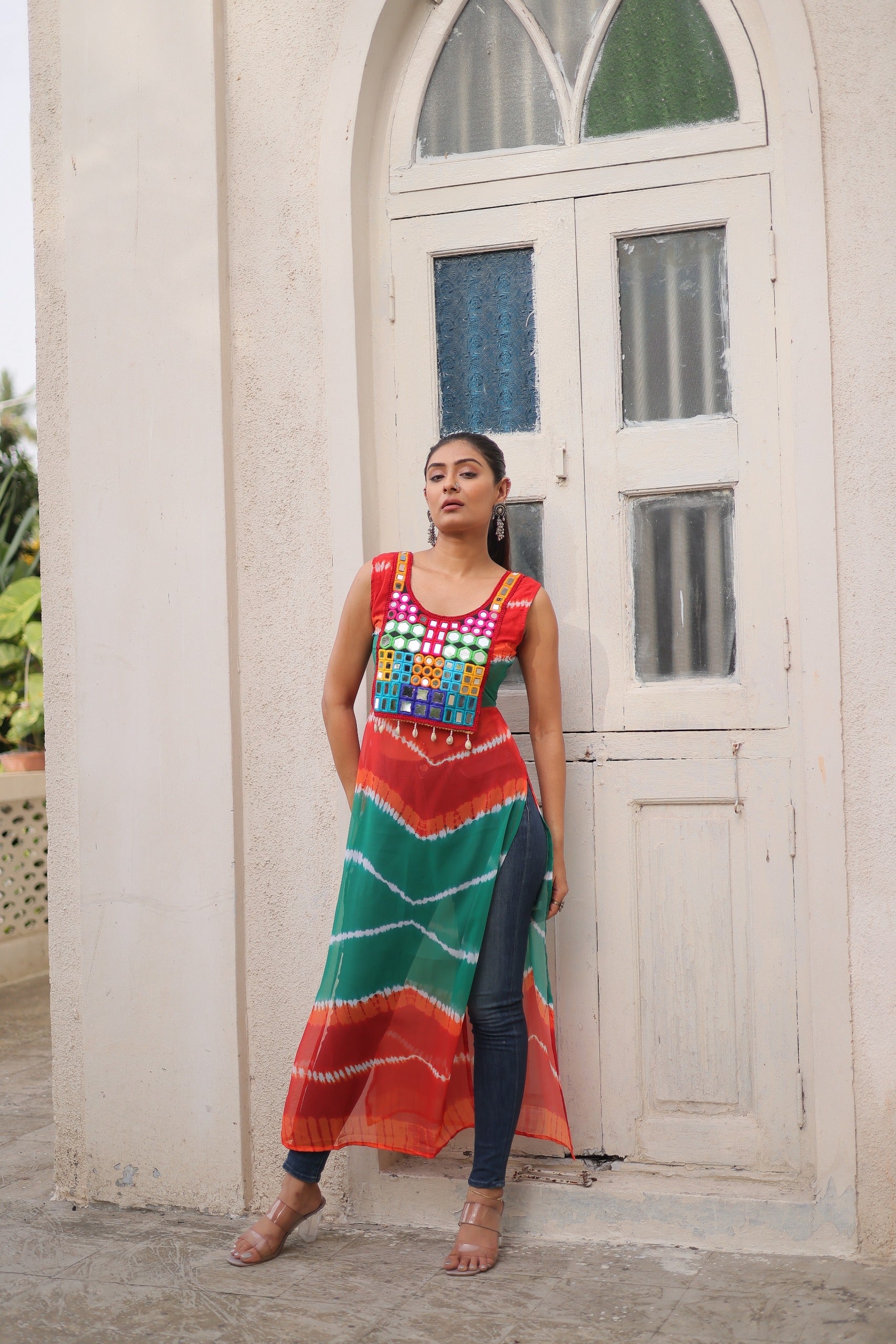 Prazu Fashion Orange Georgette Kutchi Gamthi Mirror Codi Work Kurti For Navratri - Distacart