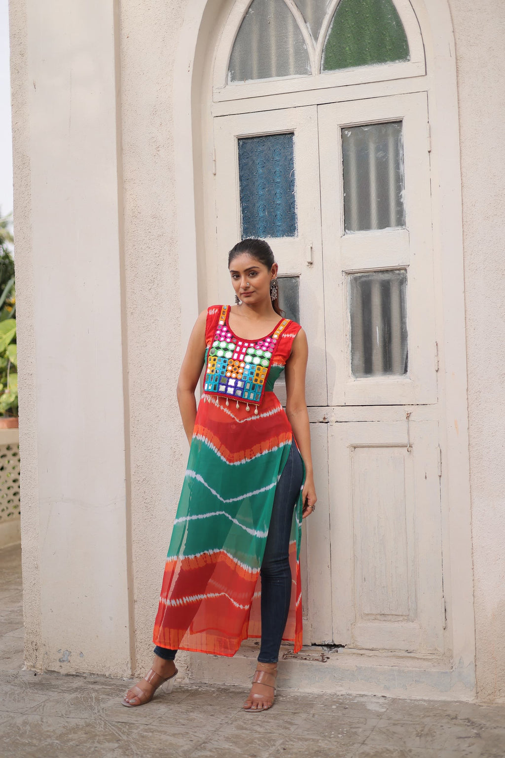 Prazu Fashion Orange Georgette Kutchi Gamthi Mirror Codi Work Kurti For Navratri - Distacart