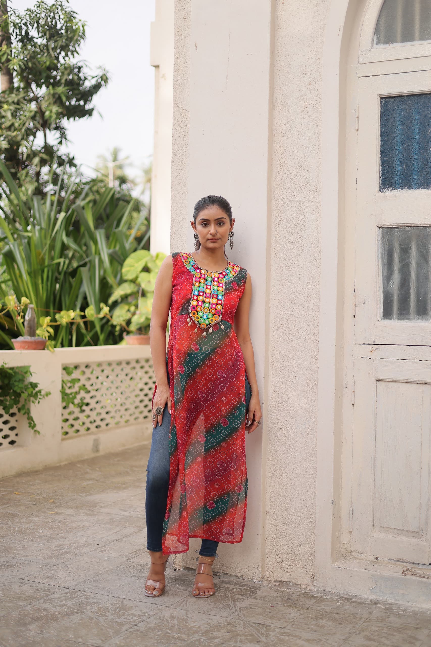 Prazu Fashion Red Georgette Kutchi Gamthi Mirror Codi Work Kurti For Navratri - Distacart