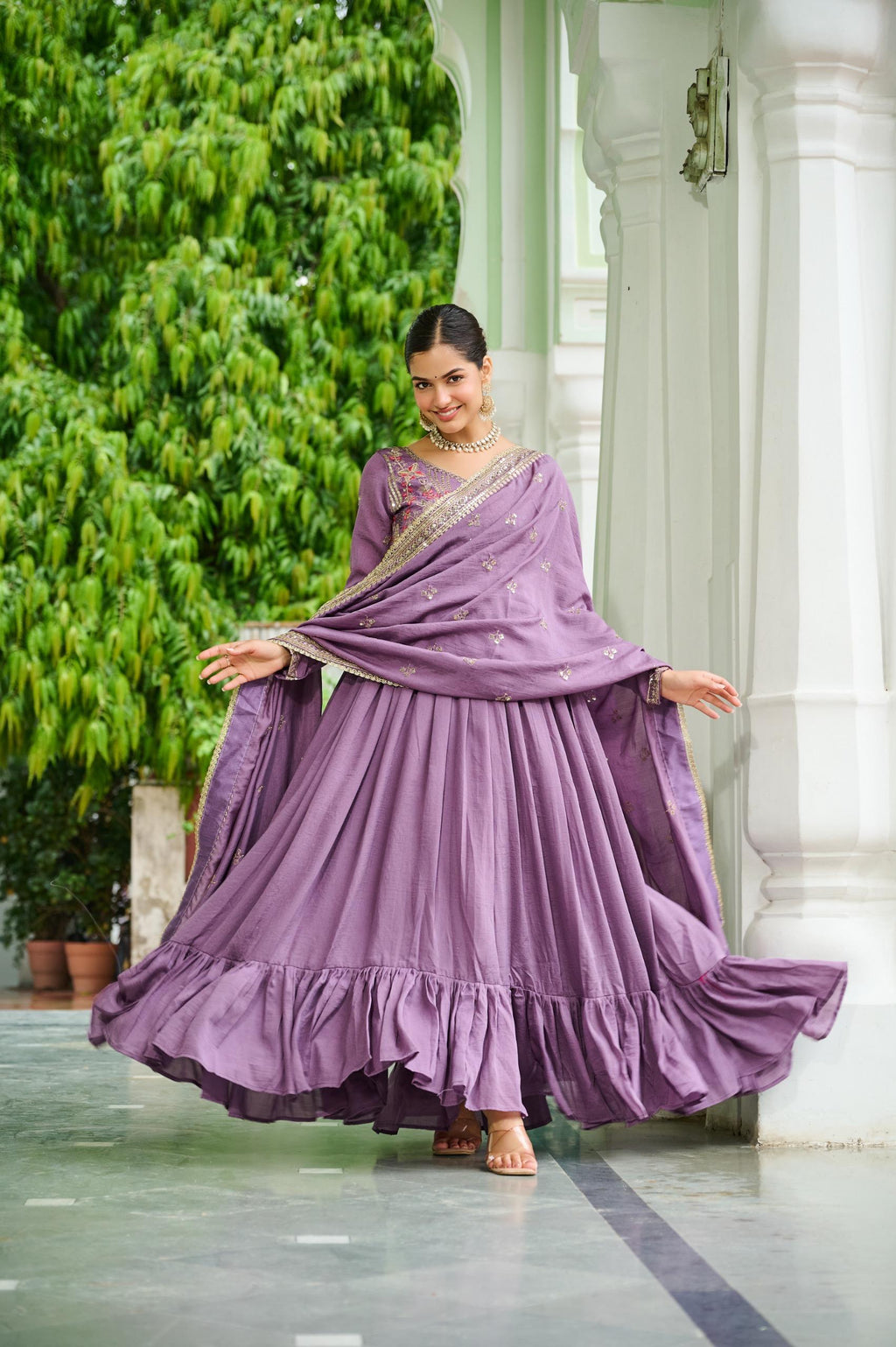 Prazu Fashion Lavender Vichitra Silk Rich Embroidered Zari & Thread Work Gown With Dupatta - Distacart