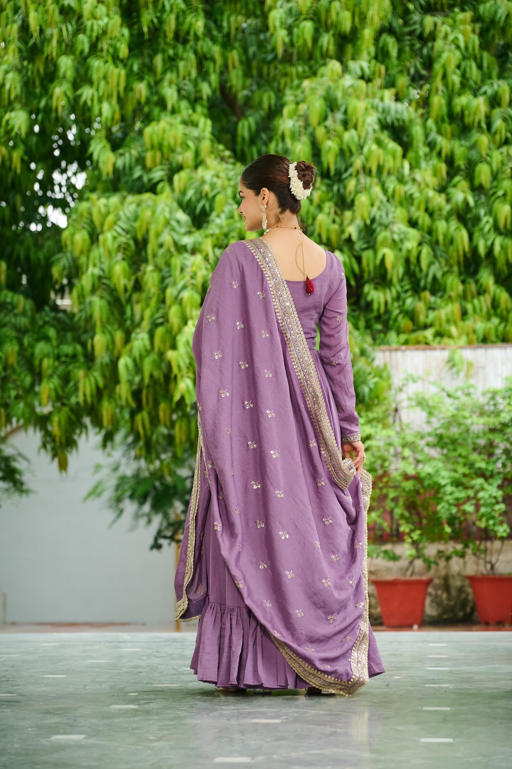 Prazu Fashion Lavender Vichitra Silk Rich Embroidered Zari & Thread Work Gown With Dupatta - Distacart