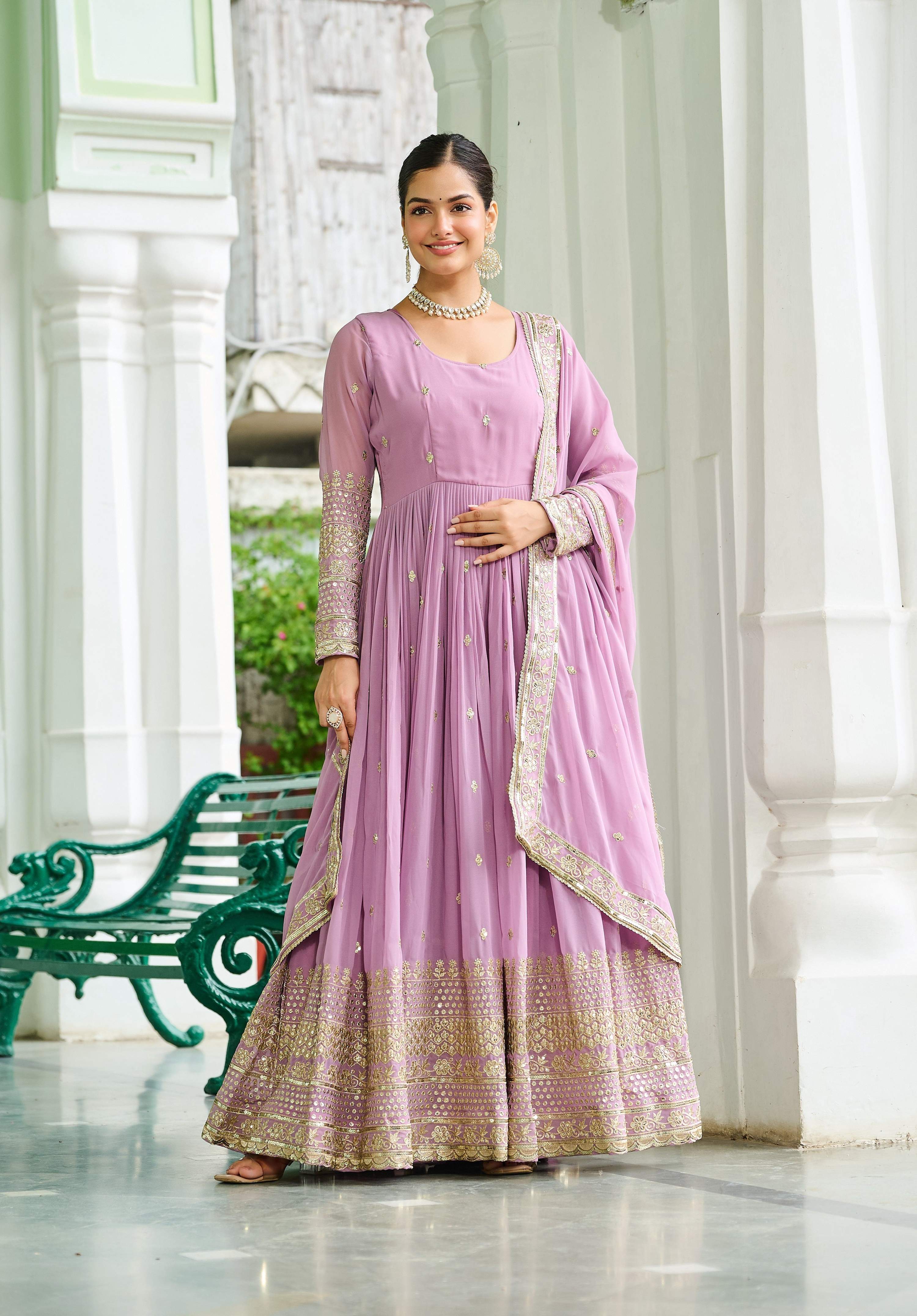 Vedant Vastram Georgette Embroidery & Sequence Work Stitched Ethnic Gown-Pink - Distacart
