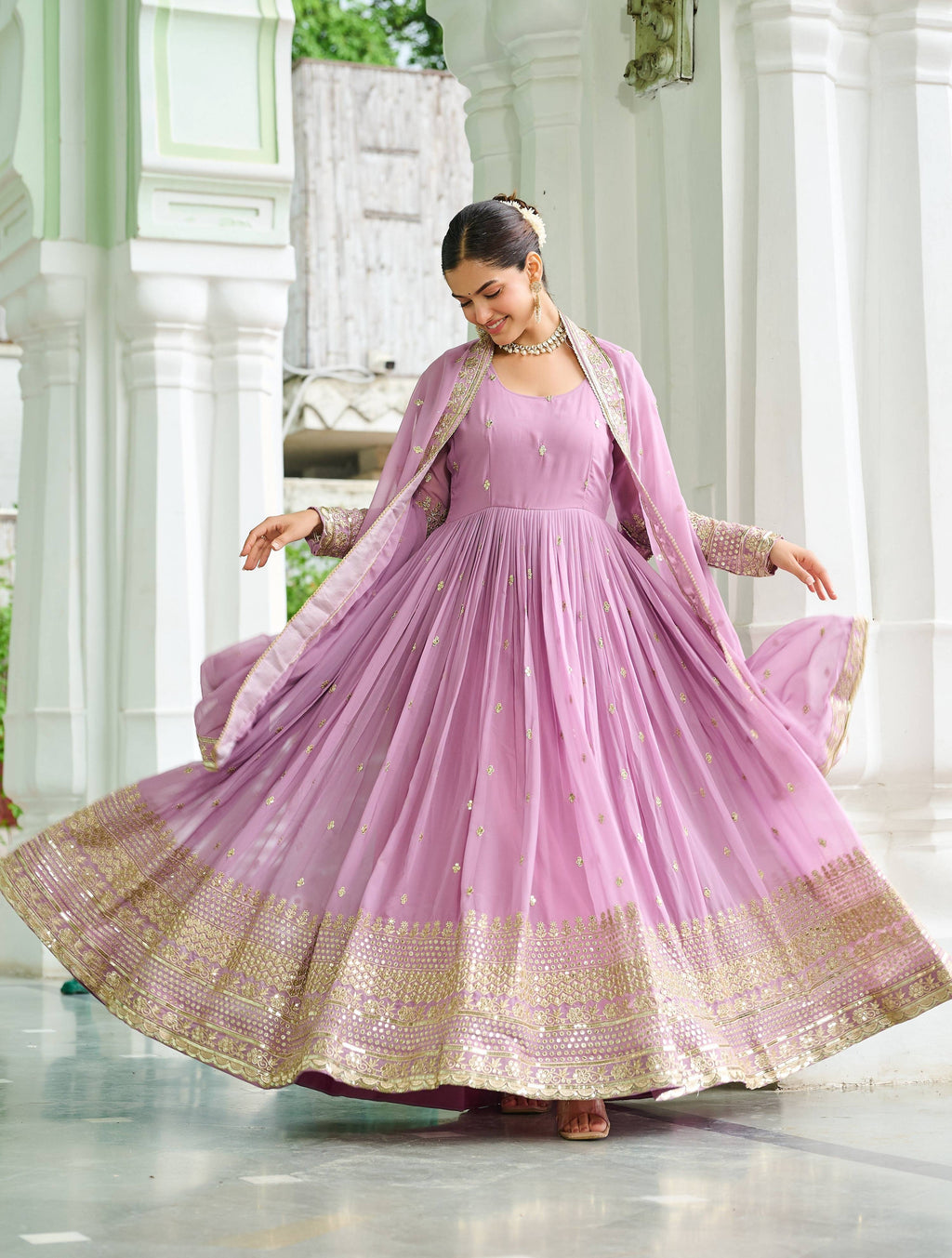 Vedant Vastram Georgette Embroidery & Sequence Work Stitched Ethnic Gown-Pink - Distacart
