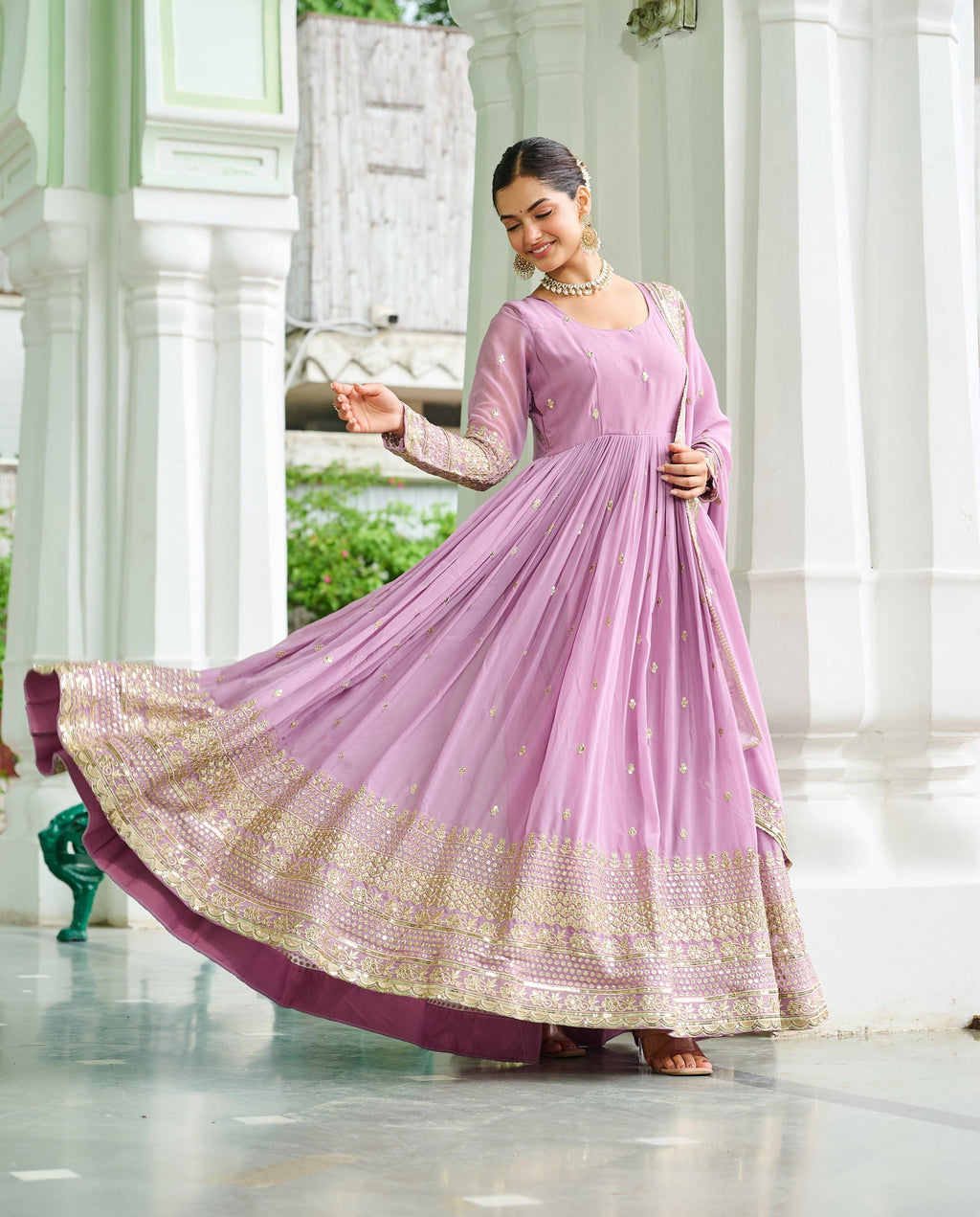Vedant Vastram Georgette Embroidery & Sequence Work Stitched Ethnic Gown-Pink - Distacart
