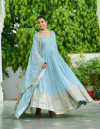 Vedant Vastram Georgette Embroidery & Sequence Work Stitched Ethnic Gown-Sky Blue - Distacart