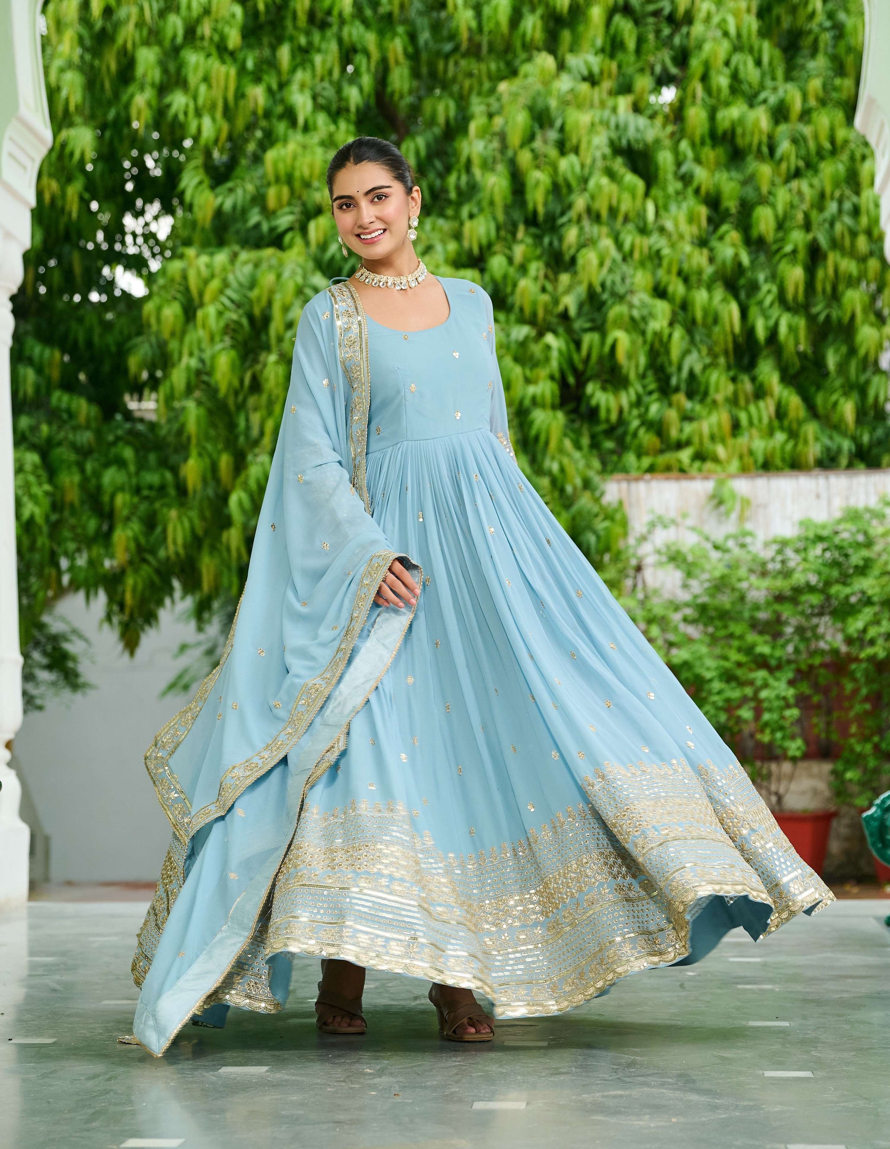 Vedant Vastram Georgette Embroidery & Sequence Work Stitched Ethnic Gown-Sky Blue - Distacart