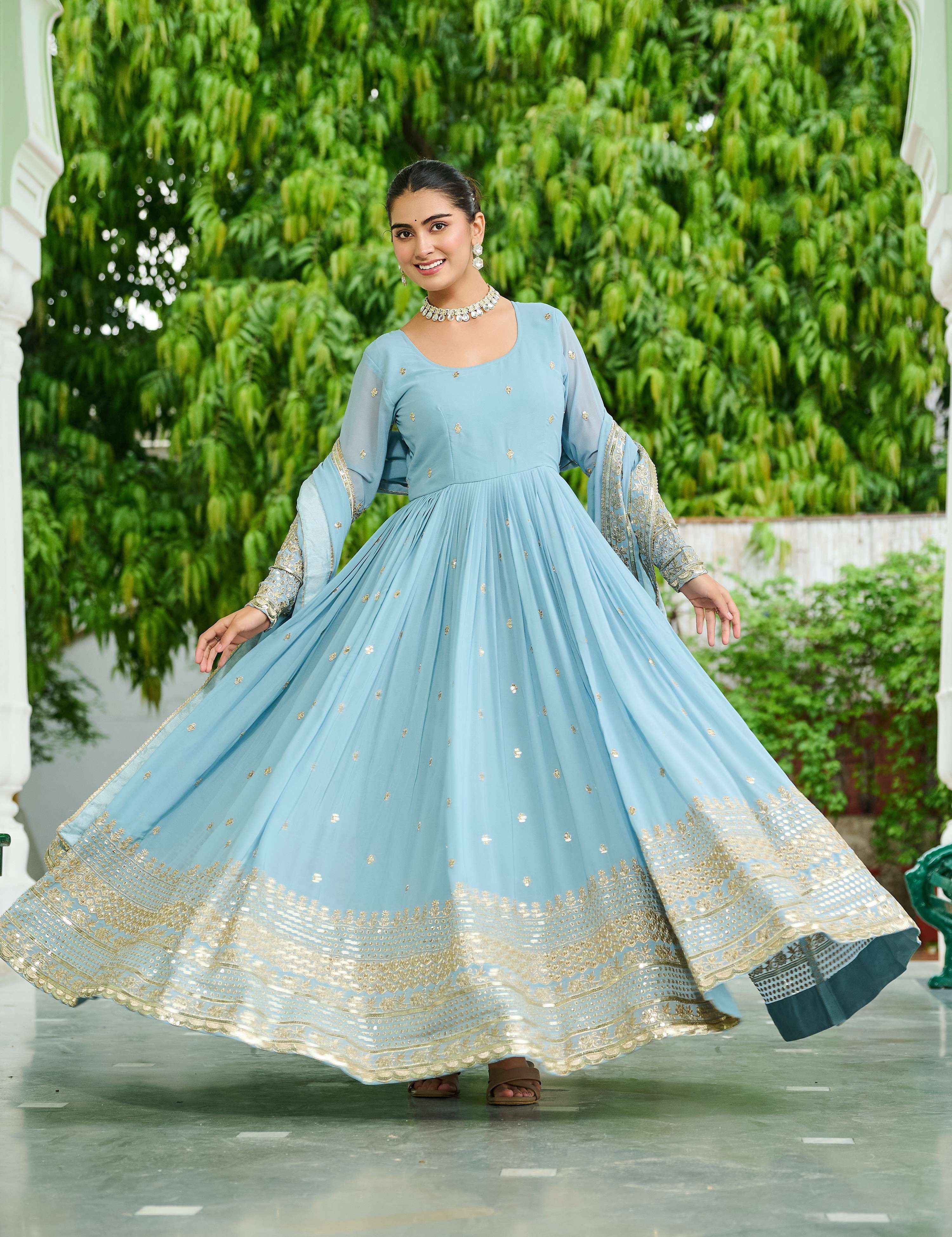 Vedant Vastram Georgette Embroidery & Sequence Work Stitched Ethnic Gown-Sky Blue - Distacart