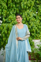 Vedant Vastram Georgette Embroidery & Sequence Work Stitched Ethnic Gown-Sky Blue - Distacart