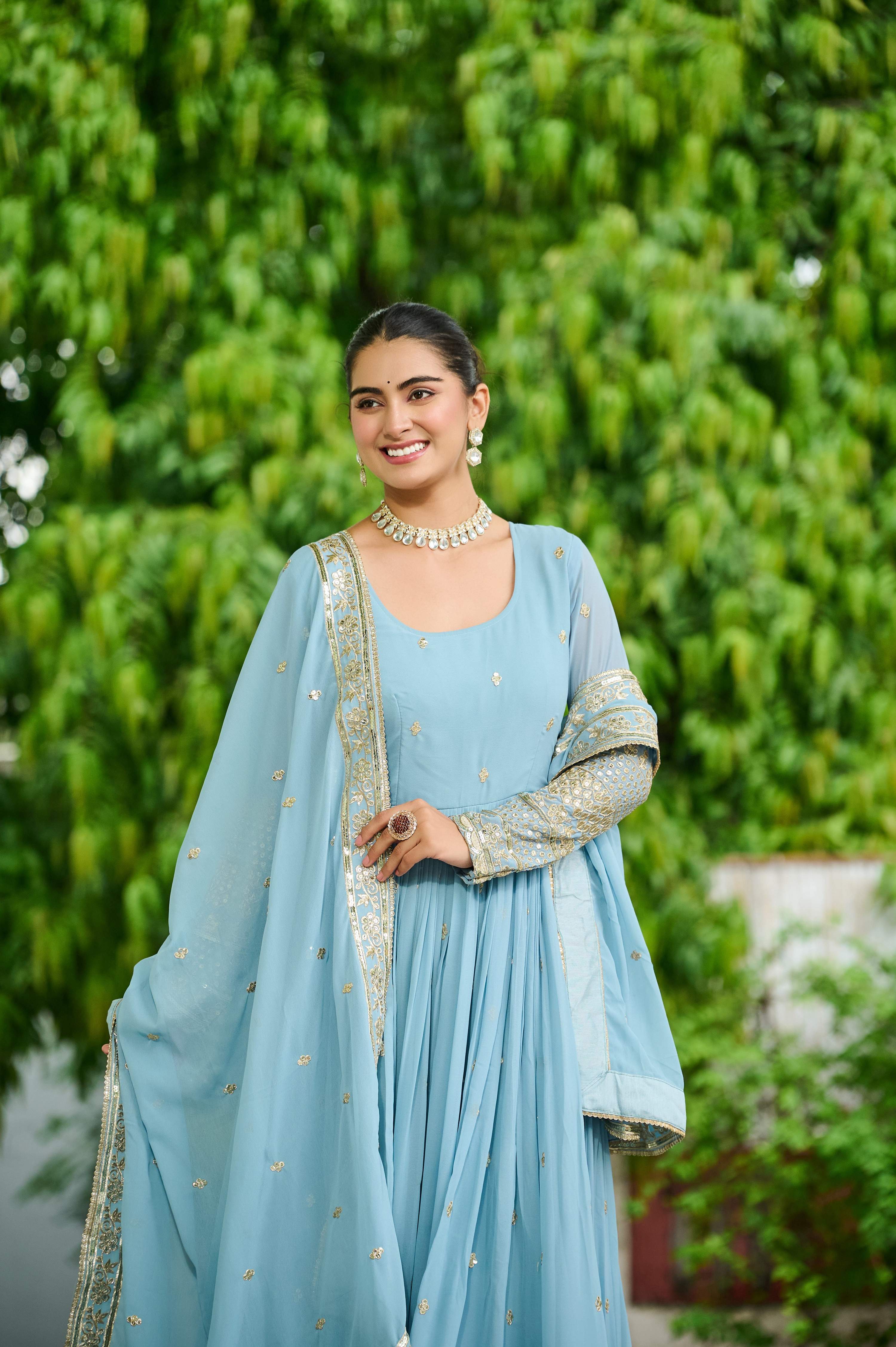 Vedant Vastram Georgette Embroidery & Sequence Work Stitched Ethnic Gown-Sky Blue - Distacart