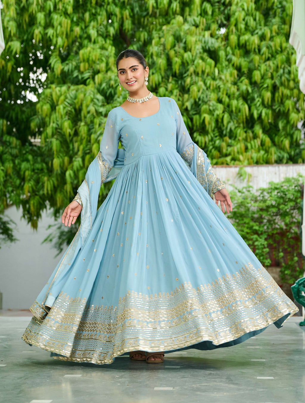 Vedant Vastram Georgette Embroidery & Sequence Work Stitched Ethnic Gown-Sky Blue - Distacart